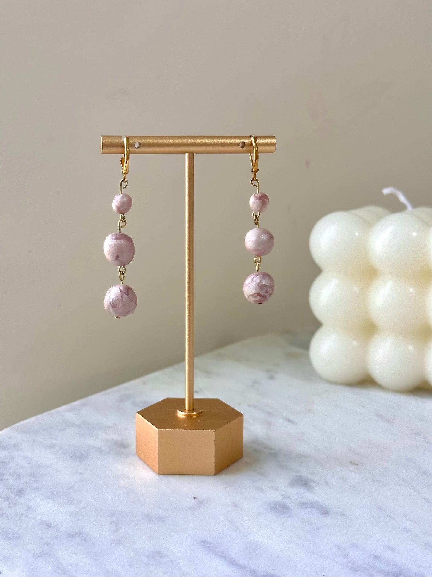 Pink Marble Faux Pearls 3 Balls Dangles
