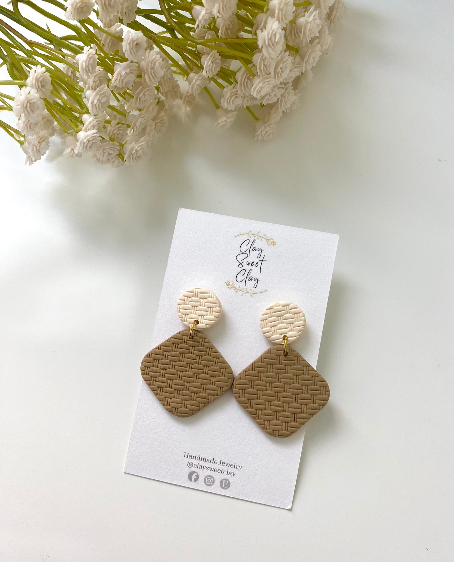 Basket Weave Textured Clay Earrings - Rounded Square