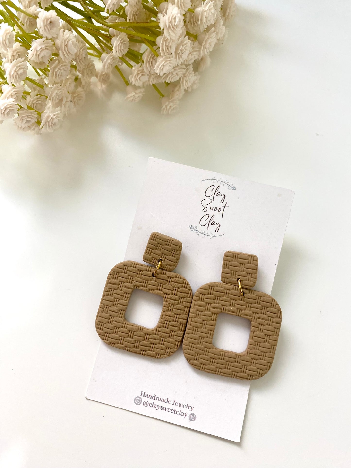 Basket Weave Textured Clay Earrings - Hollow Square