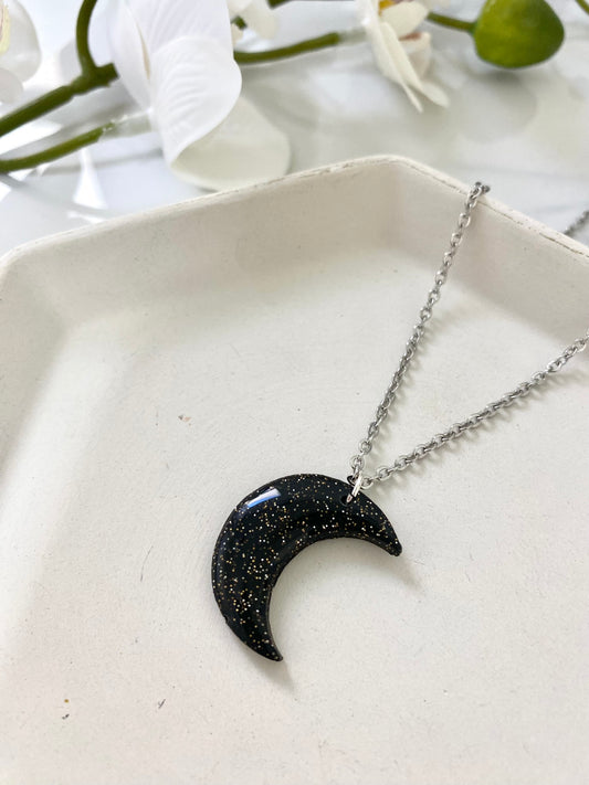 Black Glitters Crescent Moon Necklace