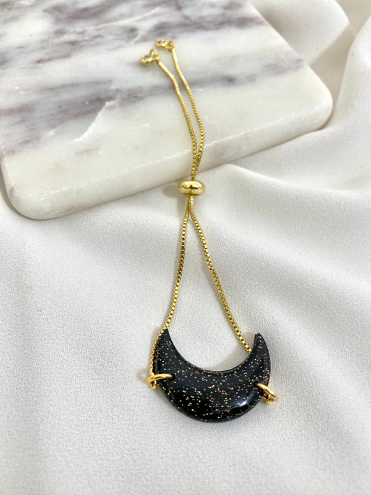 Glitter Black Crescent Moon Silver Chain - Adjustable Bracelet