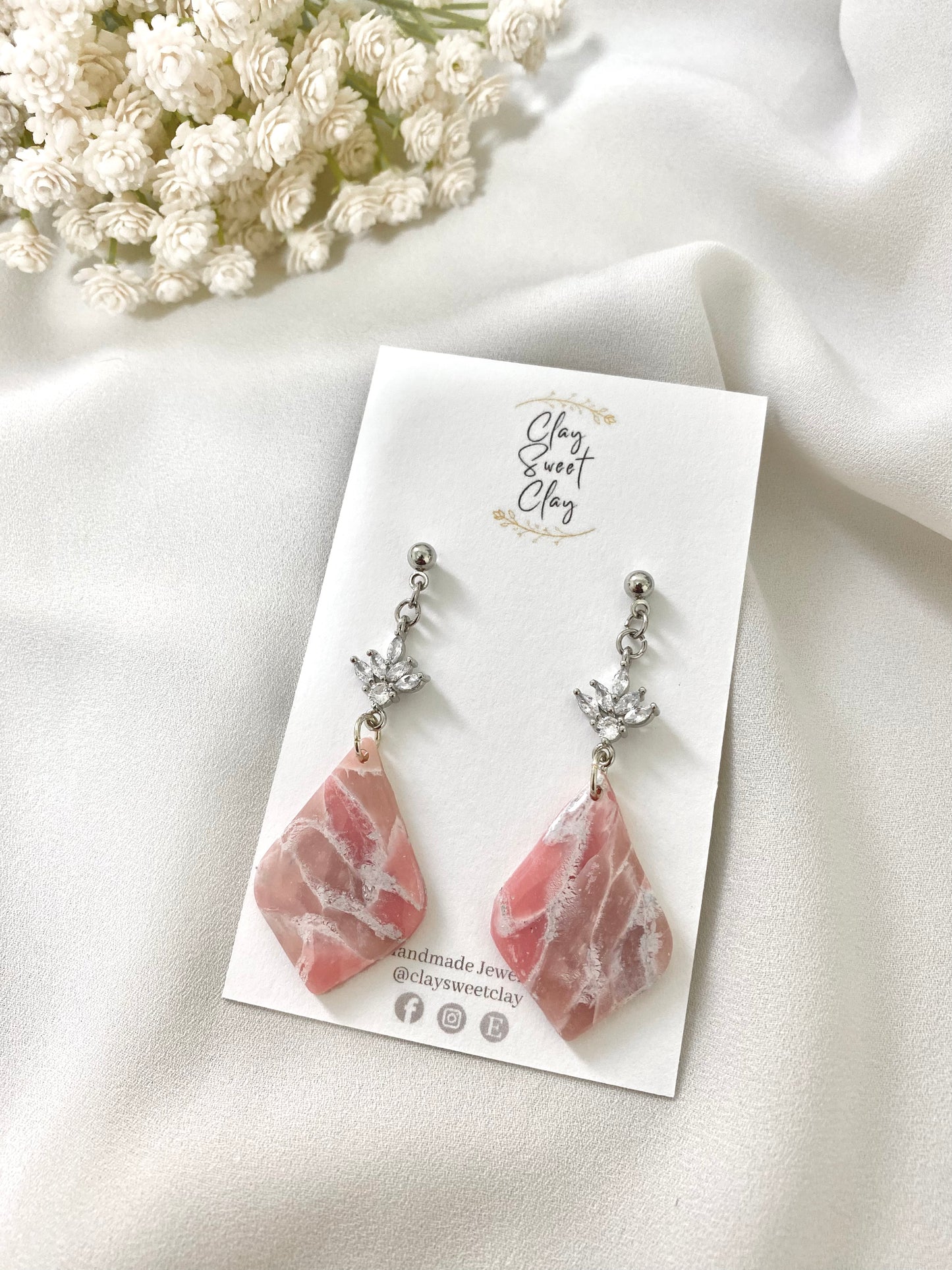 Rose Quartz Diamond Shape - Faux Stone Dangle Earrings