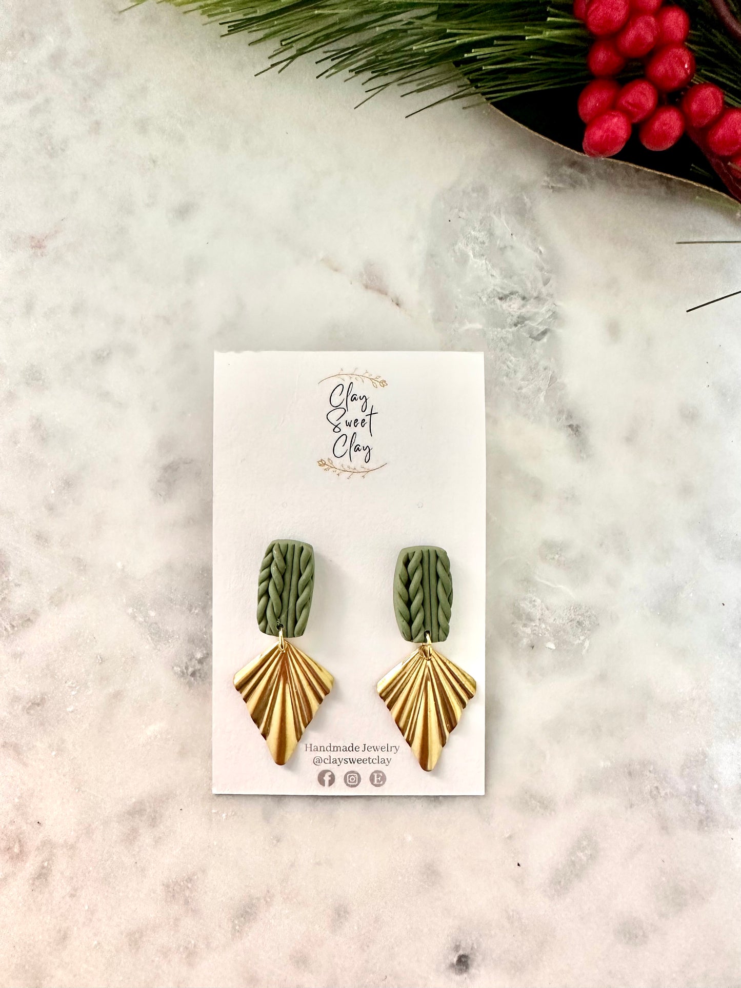 Green Knitted Sweater Earrings & Gold Charm
