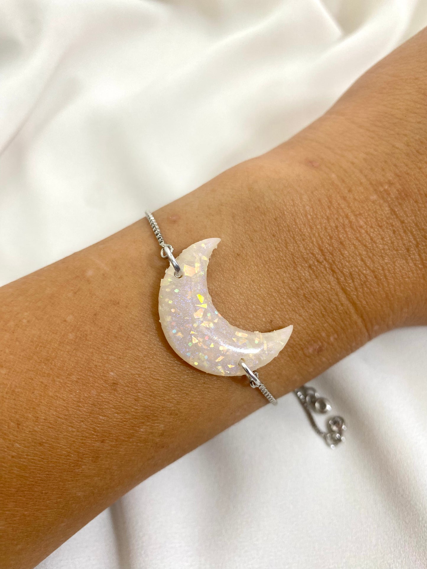 Opal Crescent Moon Silver Chain - Adjustable Bracelet