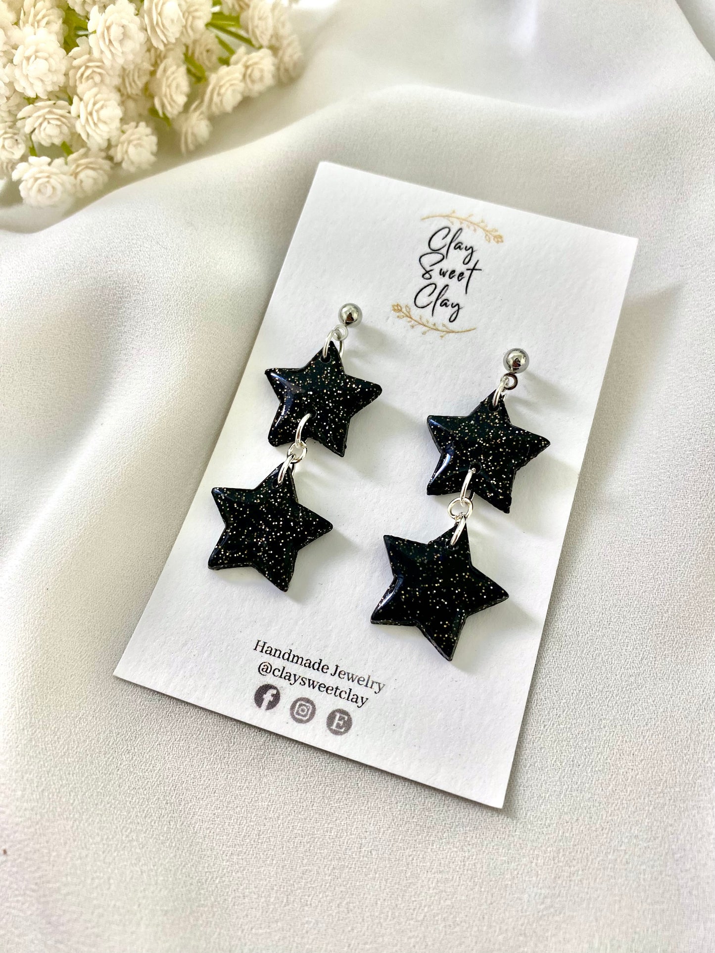 Black Glitters Stars Earrings