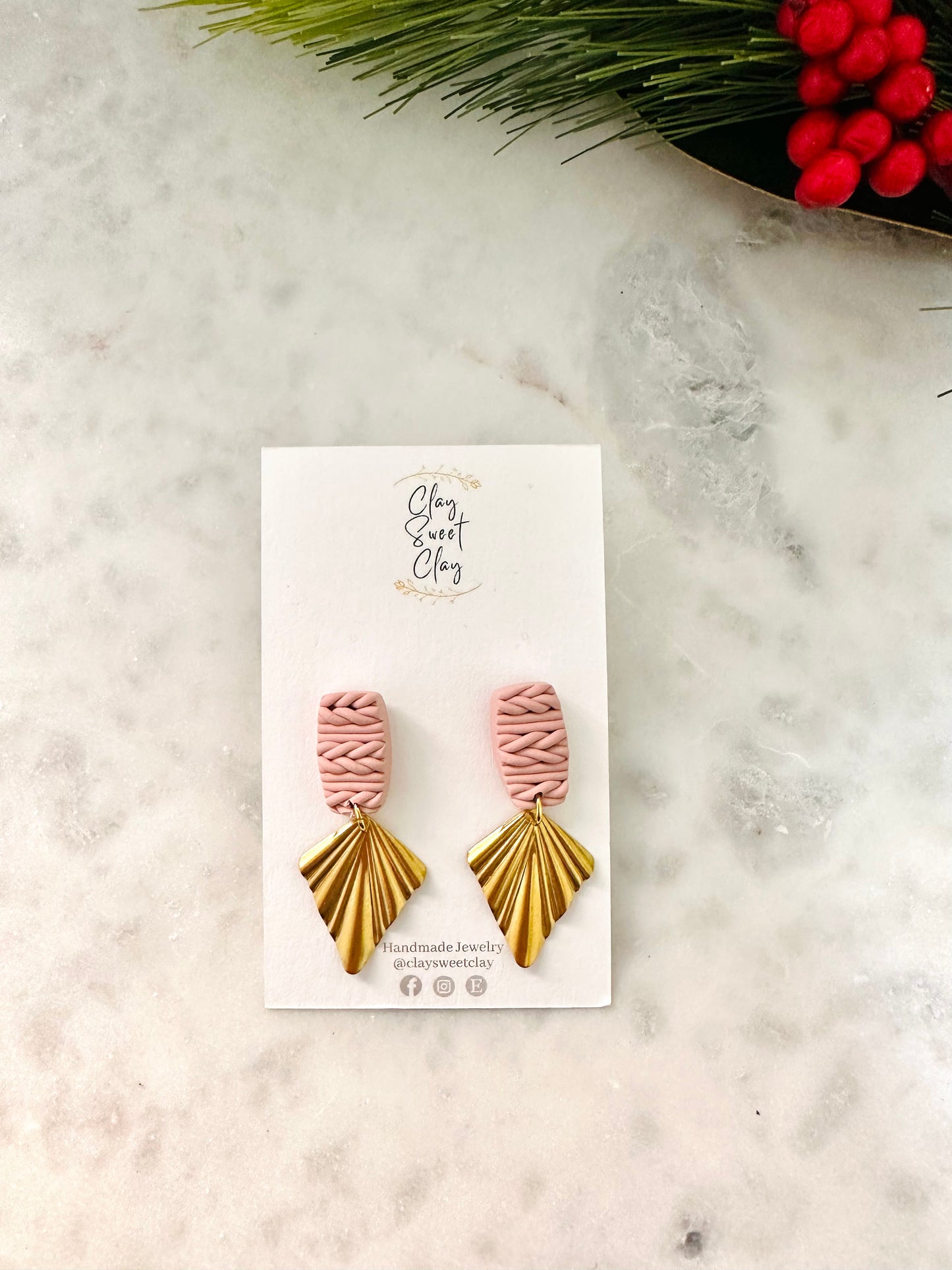 Pink Knitted Sweater Earrings & Gold Charm