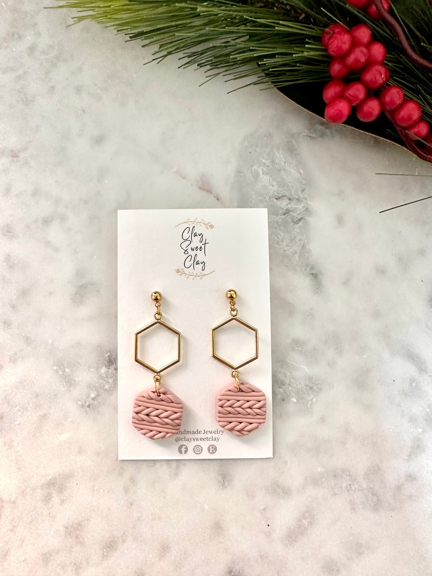 Pink Hexagon Knitted Sweater Earrings & Gold Charm